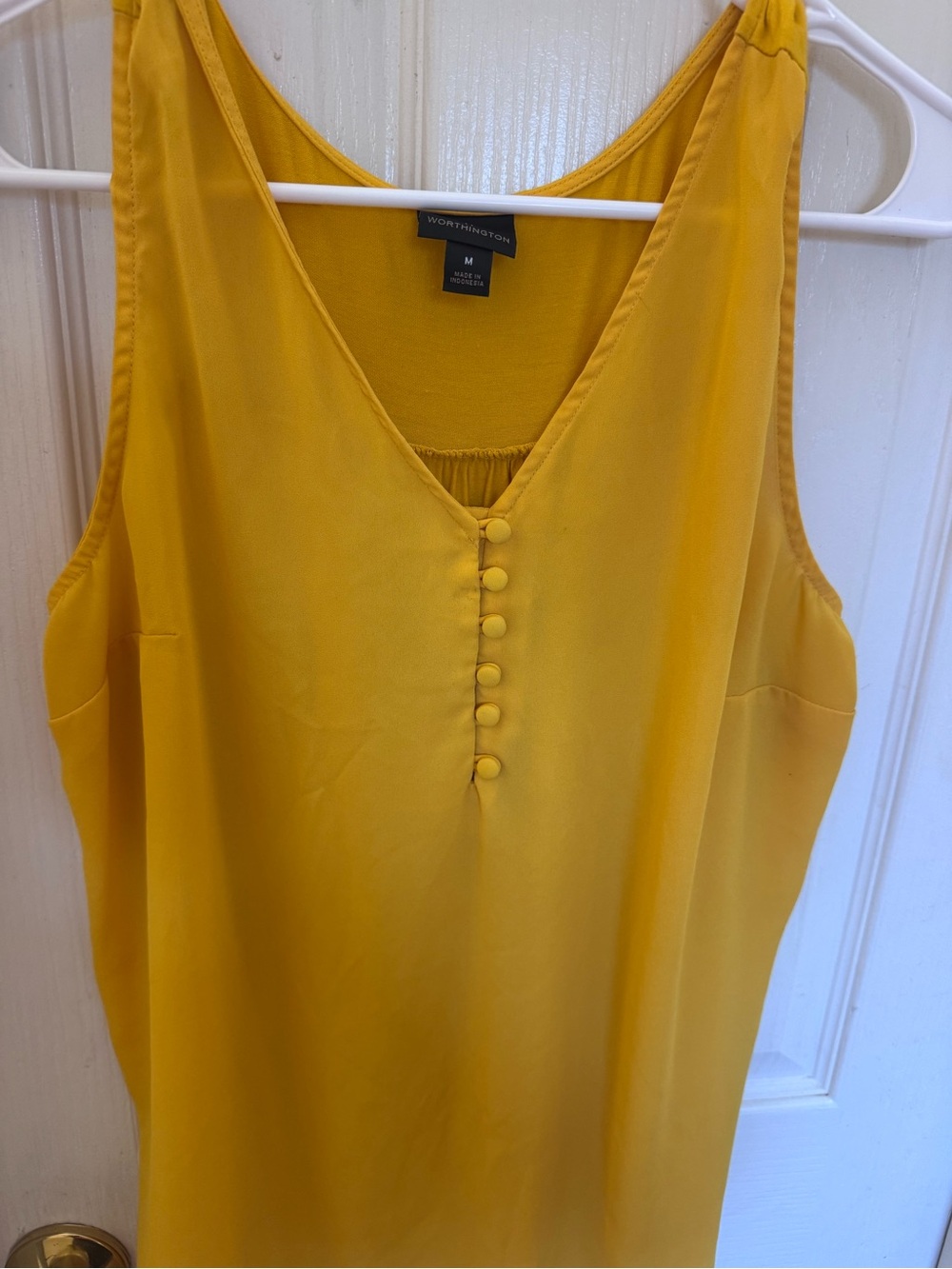 Worthington Mustard Yellow V-Neck Sleeveless Shell with Covered Buttons